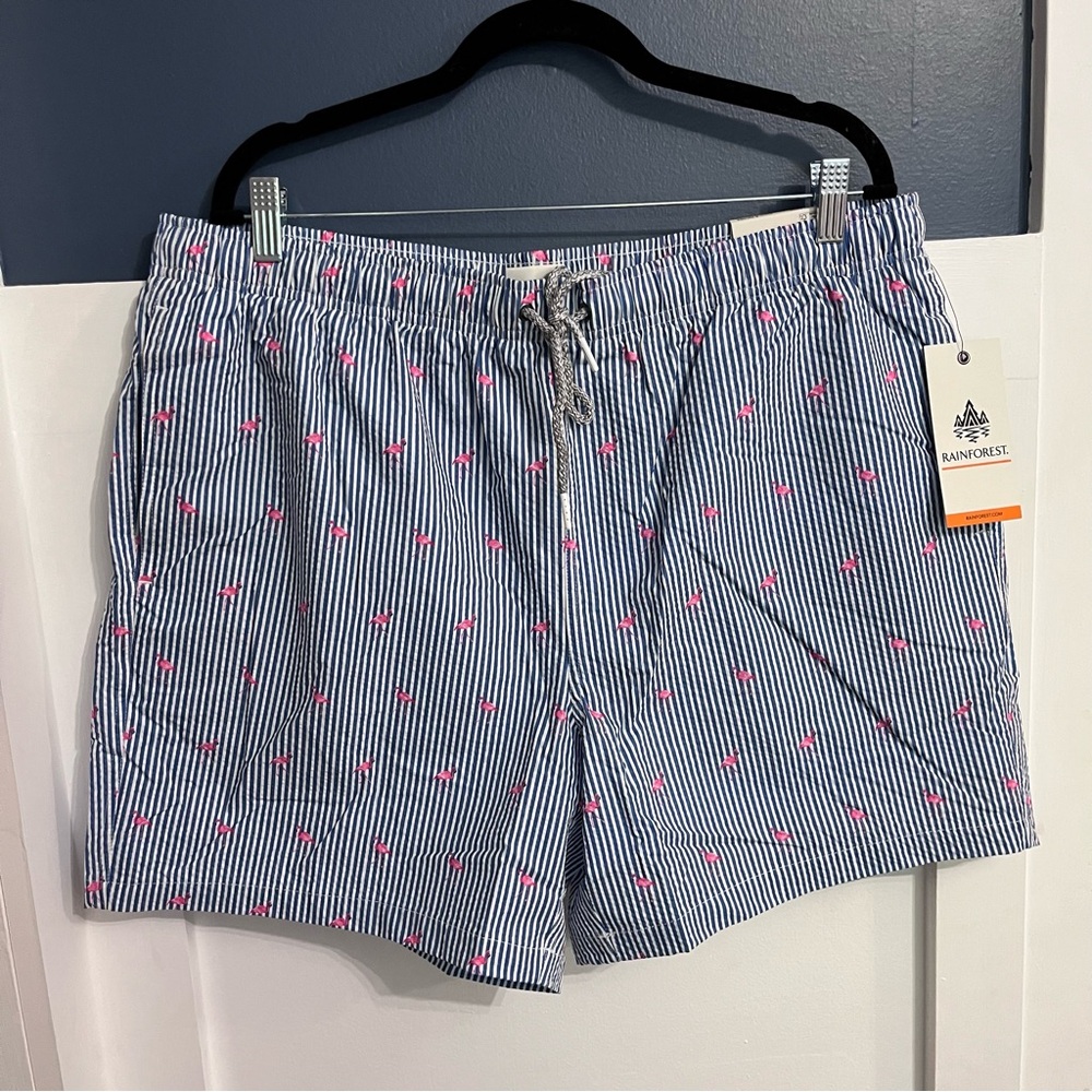 RAINFOREST Men's Blue & White Seersucker Stripe Swim Shorts with Flamingo